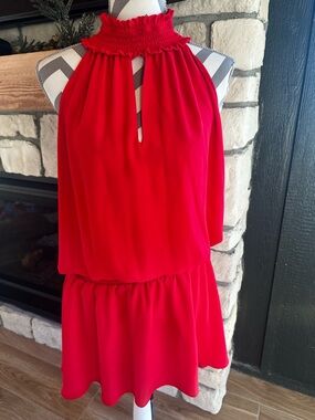 Amanda Uprichard Red Smocked Halter Mini Dress Keyhole Ruffle Neck Size Large